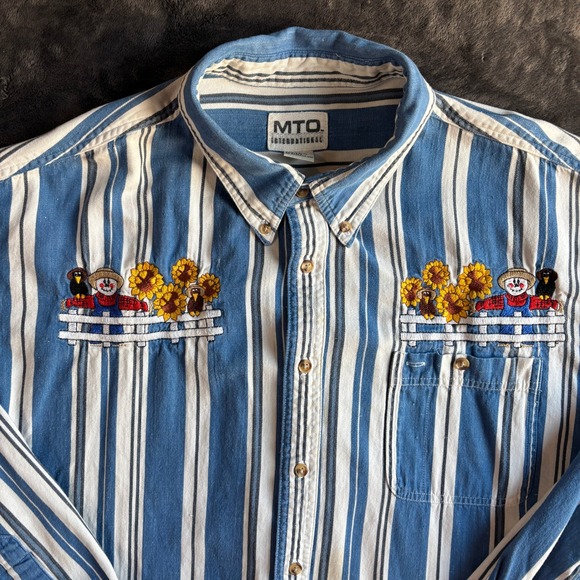 Womens Striped Embroidered Scarecrow Sunflowers Button Up Shirt Blue White Large - Picture 4 of 12